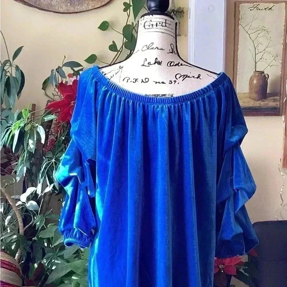 Antthony Stretch Velvet Top with Puff Sleeve Elastic On and Off Shoulder Large - Picture 2 of 5
